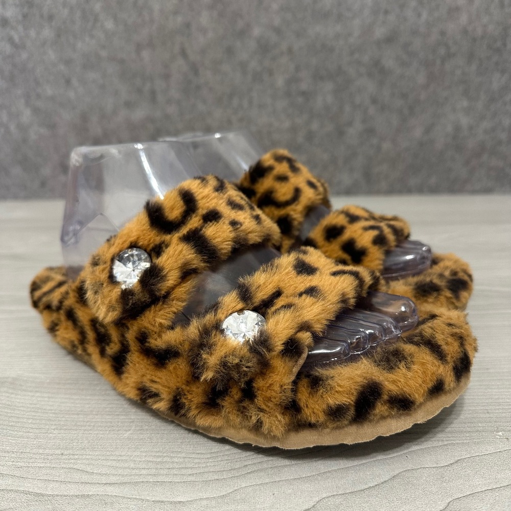 Steve‎ Madden Cuddle Slippers Womens 7 Brown Leopard Faux Fur Rhinestone Slides